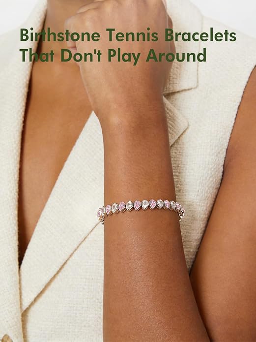 Birthstone Tennis Bracelet for Women 925 Sterling Silver Pear Shaped Gemstone Inlaid White Gold Plated Adjustable Chain Gifts for Mom Wife