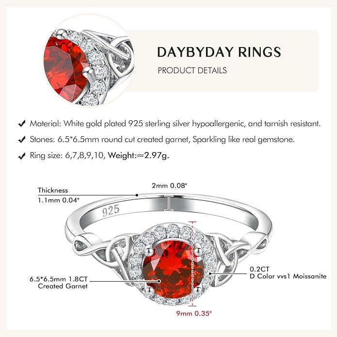 DAYBYDAY Celtic Birthstone Rings for Women 925 Sterling Silver Heart/Round/Pear/Oval Created Gemstone Moissanite Halo Engagement Promise Rings for Her Wife Birthday Anniversary Wedding Jewelry