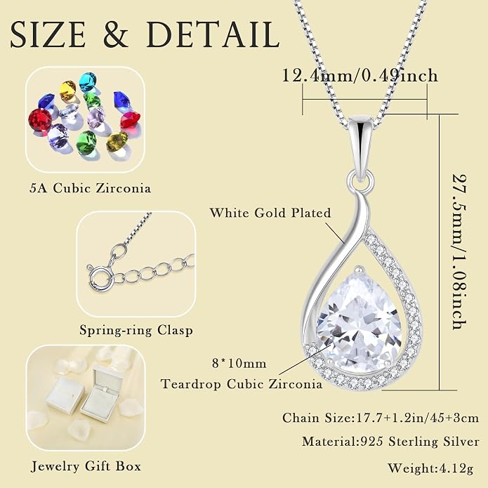 Teardrop Birthstone Necklace for Women 925 Sterling Silver White/Yellow Gold Plated Cubic Zirconia Pendant Necklace Jewelry for Her