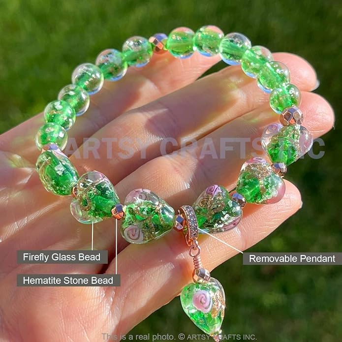 ARTSY Crafts Glow in the Dark Heart Shaped Glass Bead Bracelets & Necklaces, Handmade in USA