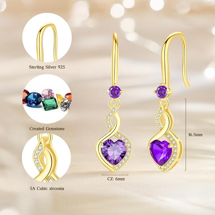 FANCIME Heart Infinity Dangle Drop Earrings 925 Sterling Silver Heart Gemstone Birthstone Earring