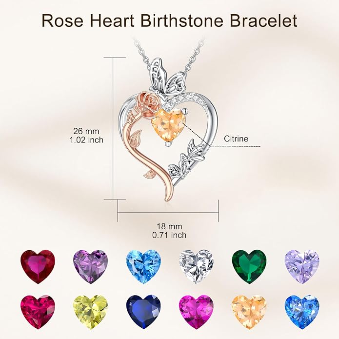 TOUPOP Rose Heart Birthstone Necklace 925 Sterling Silver Heart Butterfly Pendant Love Jewelry Birthday Gifts for Women Wife Mom Her