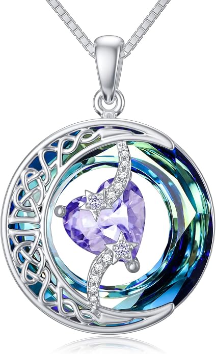 TOUPOP Birthstone Necklace 925 Sterling Silver Moon and Star Pendant Celtic Moon Jewelry with Blue Crystal Anniversary Birthday Gifts for Women Mom Wife Her