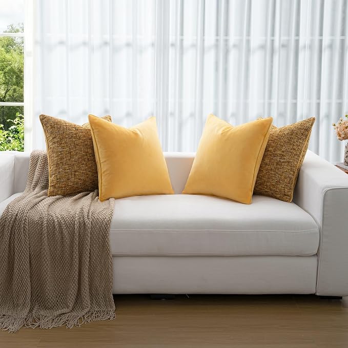 a moment Bright Yellow 4 Pack Throw Pillow Covers - Chenille & Velvet Set with Piping, Farmhouse Textured Design Pillow Cases for Couch Sofa Bed Livingroom (16x16 Inch, No Insert)