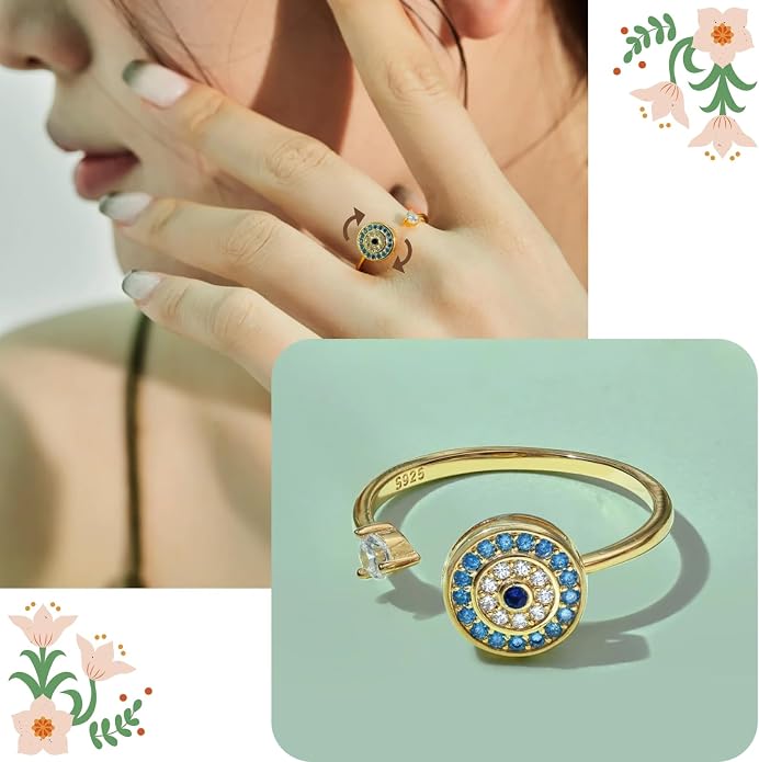 Halukakah 18K Gold/Platinum Plated Anxiety Spinning Ring: Stylish Diamond Heart Stress Relief Jewelry with Beads Spinner,Himalaya Salt Added,Size Adjustable,Gift for Women,Teens,Girls,Daughter,and Mom