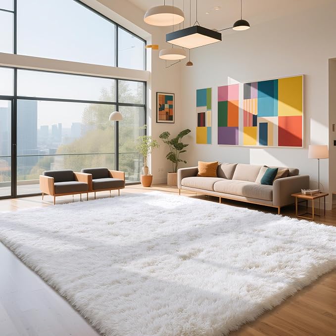 yongyangjuxin Fluffy Rug Shag Area Rug, White 8x10 Area Rugs for Living Room, Large Shag Area Rugs for Bedroom Room Home Decor, Upgrade Anti-Skid Rectangular Fuzzy Rugs