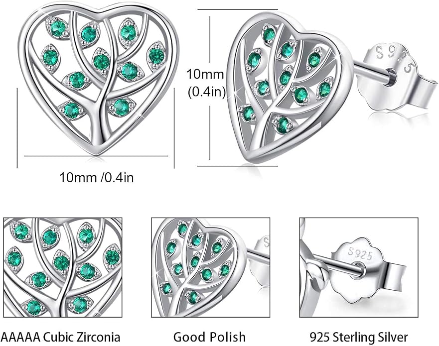 Tree of Life Earrings, 925 Sterling Silver Heart Shaped Studs for Women, Hypoallergenic Earrings for Sensitive Ears Gifts for Women with Gift Box…