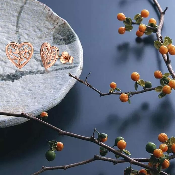 Tree of Life Earrings, 925 Sterling Silver Heart Shaped Studs for Women, Hypoallergenic Earrings for Sensitive Ears Gifts for Women with Gift Box…