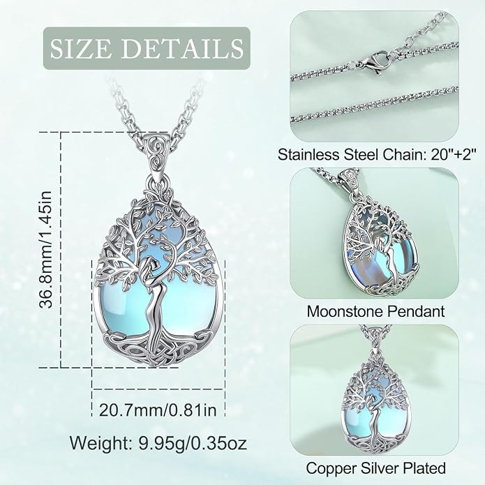 EUDORA Tree of Life Necklace with Moonstone Amethyst Obsidian Turquoise Healing Crystal for Women, Silver Plated Copper Mother Tree of Life Pendant Amulet Energy Jewelry, Gift for Women Mom, 20"+2"
