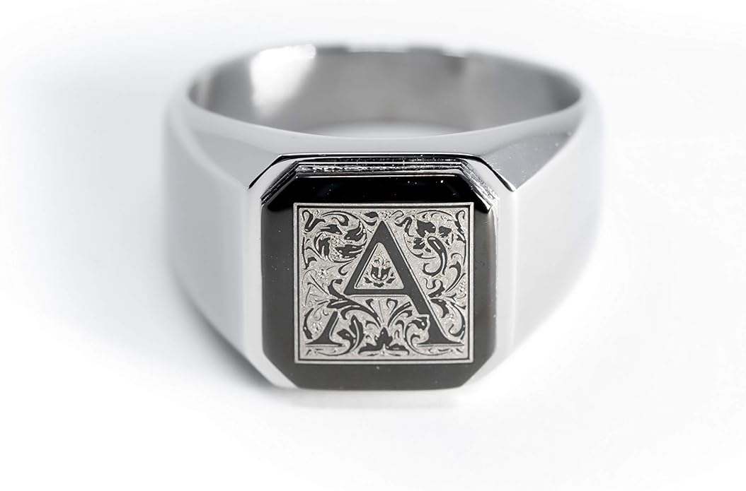 Jewelry | Stainless Steel Letter Alphabet Initial Ring | Square Flat Top Ring for Men & Women | Stainless Steel Jewelry, (Black, Gold, Silver), Size 7-16