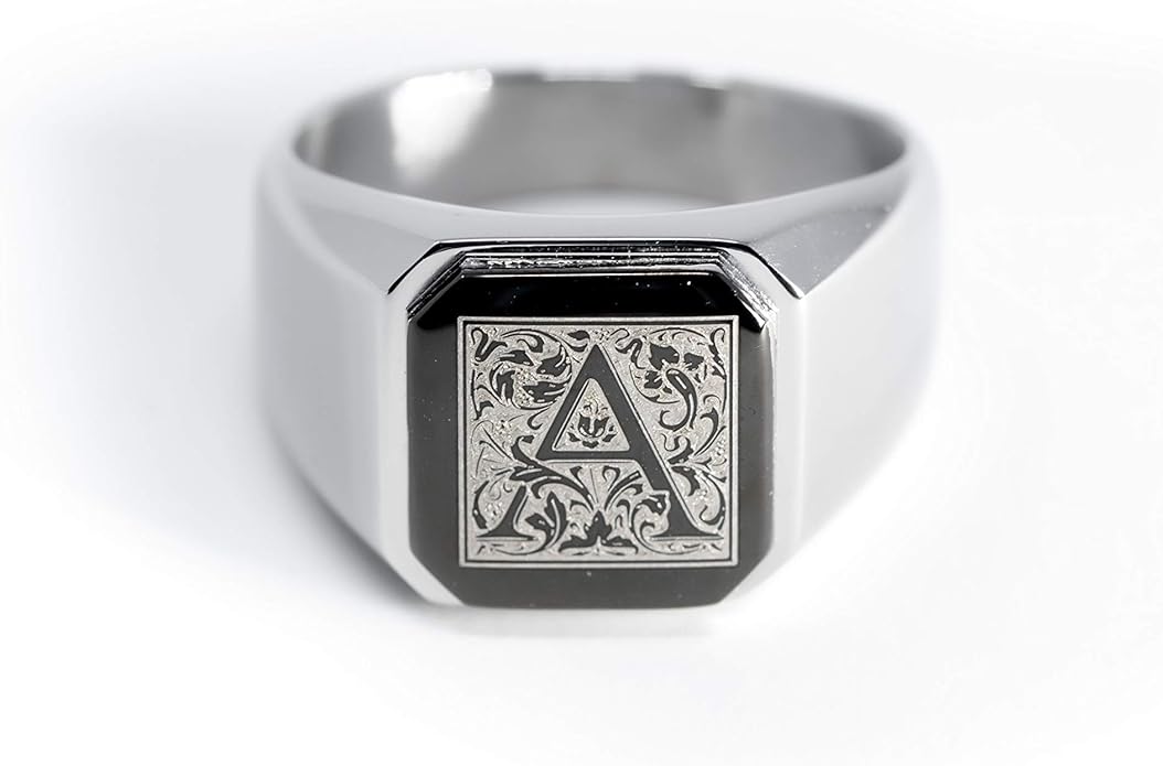 Jewelry | Stainless Steel Letter Alphabet Initial Ring | Square Flat Top Ring for Men & Women | Stainless Steel Jewelry, (Black, Gold, Silver), Size 7-16