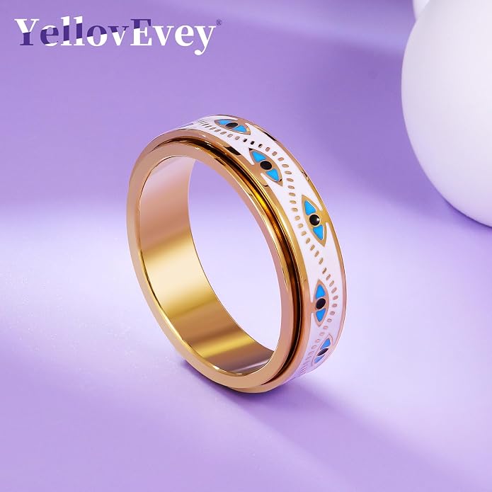 Evil Eye Fidget Ring for Women - Anxiety Relief Spinner Jewelry,18K Gold Plated Stainless Steel Turkish Ojo Turco Protection Rings Gift for Adults