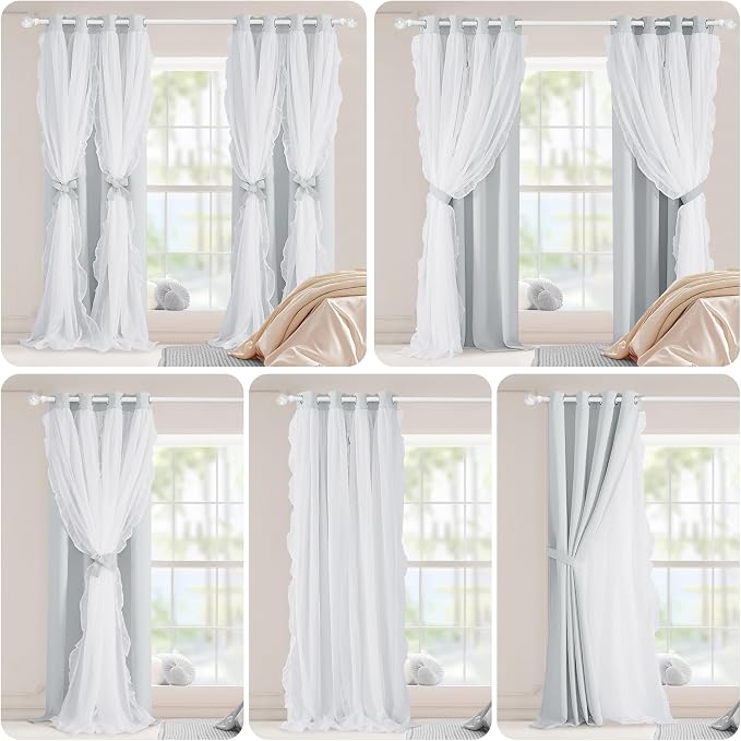 PONY DANCE Shabby Chic Curtains for Bedroom Double Layer Ruffle Sheer Overlay with Tiebacks French Country Drapes for Room Decor, 52" W x 63" L, Greyish White, 2 Pieces