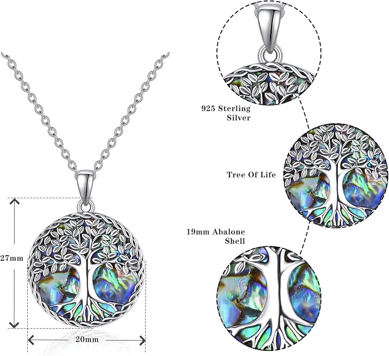 Tree of Life Necklace for Women – Sterling Silver Nature-Inspired Dainty Round Pendant, Green Abalone Shell Inlaid - Spiritual Jewelry Gift