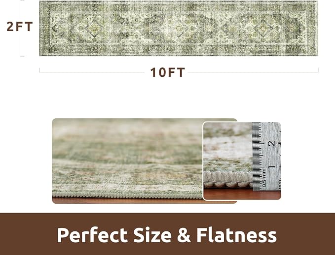 AMOAMI-2X10 Runner Rug-Washable Runners for Hallways-Soft Non Slip Bedside Rugs for Bedroom-Vintage Long Rug for Hallways Entryway Laundry Room Stair Kitchen Bathroom Green