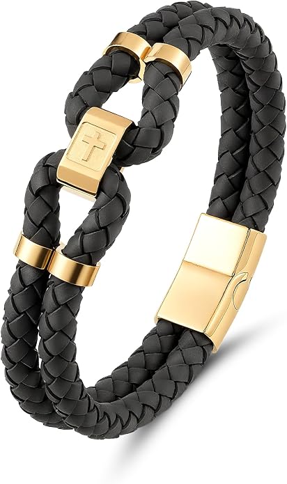 Mens Leather Cross Bracelet Multilayer Braided Wristband Bangle Bracelets with Stainless Steel Buckle Religious Gift for Men Brown/Black/Blue–8.3 inch