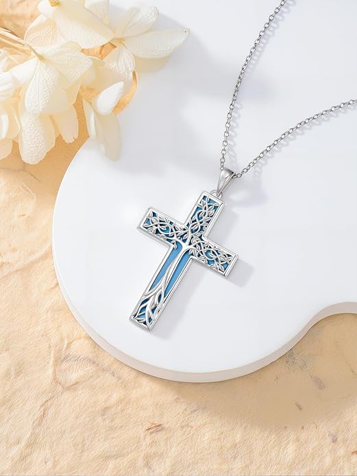 HPQQ Cross Necklace 925 Sterling Silver Turquoise Tree of Life Celtic Knot Cross Pendant Jewelry Mother's Day Gifts for Women