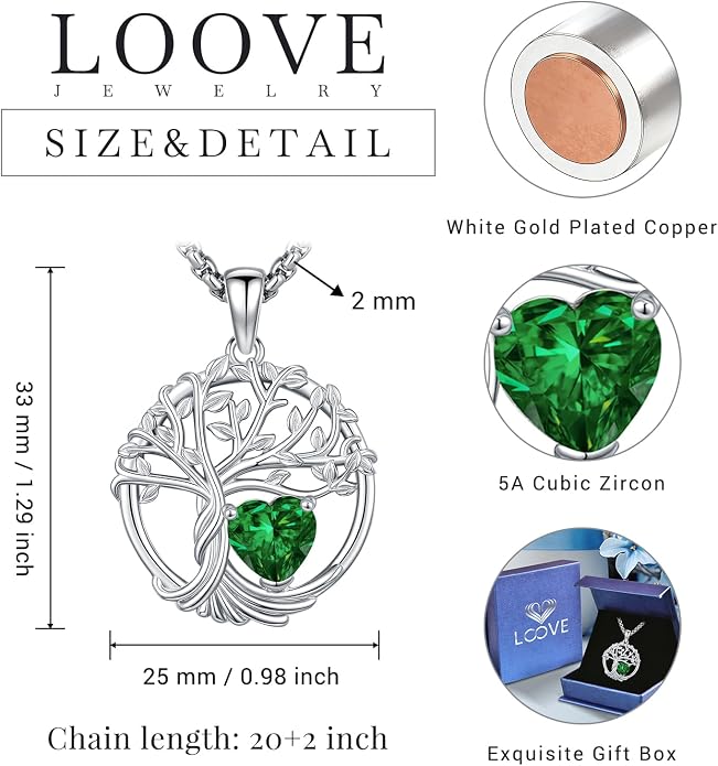 Birthstone Tree of Life Necklace for Women Heart Crystal Pendant Silver Plated Birthday Anniversary Jewelry for Wife, Mom, and Her