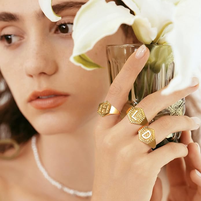 KeyStyle Bold Initial Letter Rings Adjustable, GoldChic Jewelry Women Gold Statement Ring Personalized Engraved Women’s Open Signet Ring for Party (Gold, White Gold, Black)