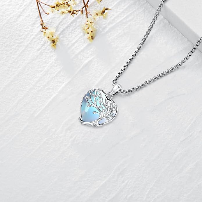 Tree of Life Necklace for Women Sterling Silver Celtic Moon Tree Moonstone Turquoise Pendant Heart Family Tree Necklace for Mother Daughter Sister Gifts