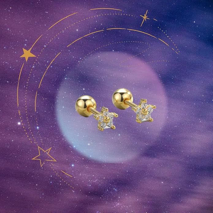 COSMO CARAT 14K Gold Plated Nap Earrings 925 Sterling Silver Star Moon CZ Stud Earrings Screw Back Hypoallergenic Celestial Tiny Cartilage Helix Second Piercing Earrings For Women