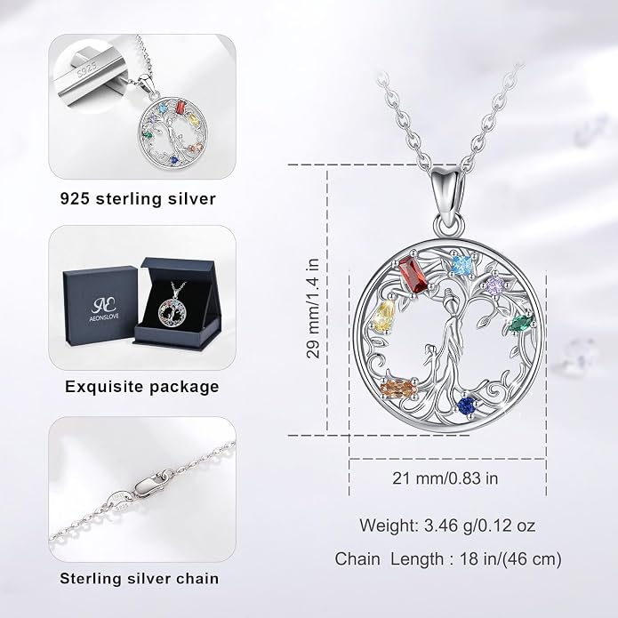AEONSLOVE Tree of Life Necklace 925 Sterling Silver, Family Tree of Life Pendants Jewelry Gifts for Women Wife Mother, 18 Inch Chain