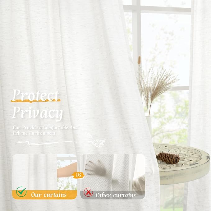 LAMIT Ivory White Linen Curtains 45 Inches Long for Bedroom, Soft Privacy Faux Linen Textured Light Filtering Panels Rod Pocket Neutral Drapes for Kitchen/Window/Loft Room, 42 x 45 Inch, 2 Panels