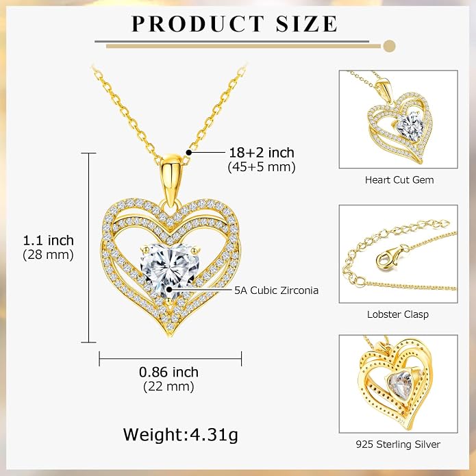 Anniversary Charm Necklace, Sterling Silver 14K Gold Plated Chain with Interlocking Heart Pendant Elegant Birthstone Necklaces for Women, Length 18"