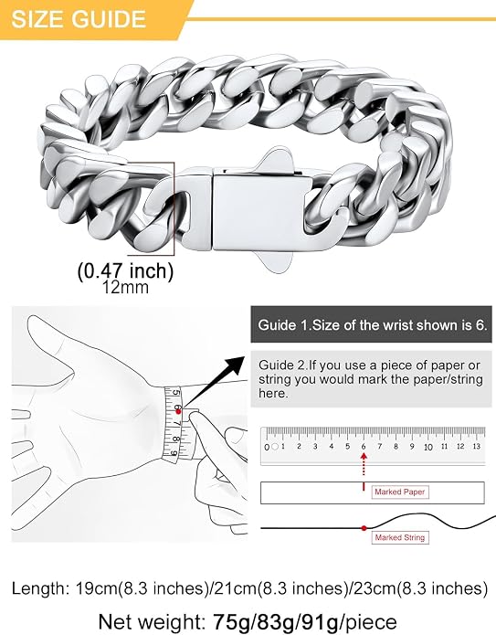 U7 Cuban Link Bracelets for Men Stainless Steel Wrist Bracelet Silver Black Gold Cuban Hand Chain Bracelet for Mens Women, 5/7/9/12mm Width, 7.5/8.3/9 Inch Length Classic Jewelry with Box Packed