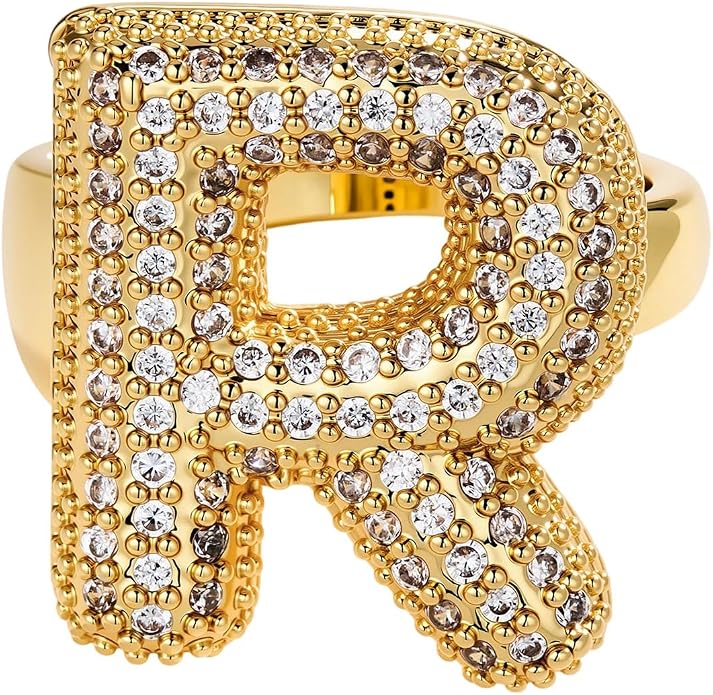 Cicy Bell Initial Rings for Women 14k Gold Plated Cubic Zirconia Delicate Letter Chunky Statement Open Rings Gifts for Her