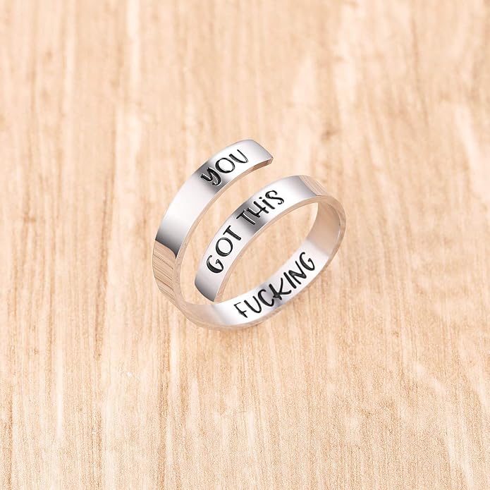 ZRAY Silver Keep Going Ring Inspirational Jewelry Stainless Steel Engraving Size Adjustable Personality Encouragement Gift for Women Teens Girls