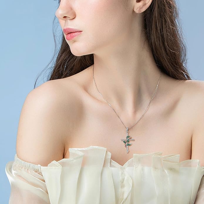 Flower Cross Necklace 925 Sterling Silver Carnation/Rose/Lily/Daisy Cross Necklace Birth Flower Jewelry for Women