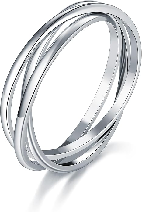 BORUO 925 Sterling Silver Ring, 14K Gold Plated Waterproof Fidget Anxiety Ring, Triple Row Rolling Interlocking Stacking High Polish Band for Women, Men| Each Band Width 1.8mm 3mm Size 4-12