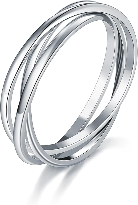 BORUO 925 Sterling Silver Ring, 14K Gold Plated Waterproof Fidget Anxiety Ring, Triple Row Rolling Interlocking Stacking High Polish Band for Women, Men| Each Band Width 1.8mm 3mm Size 4-12