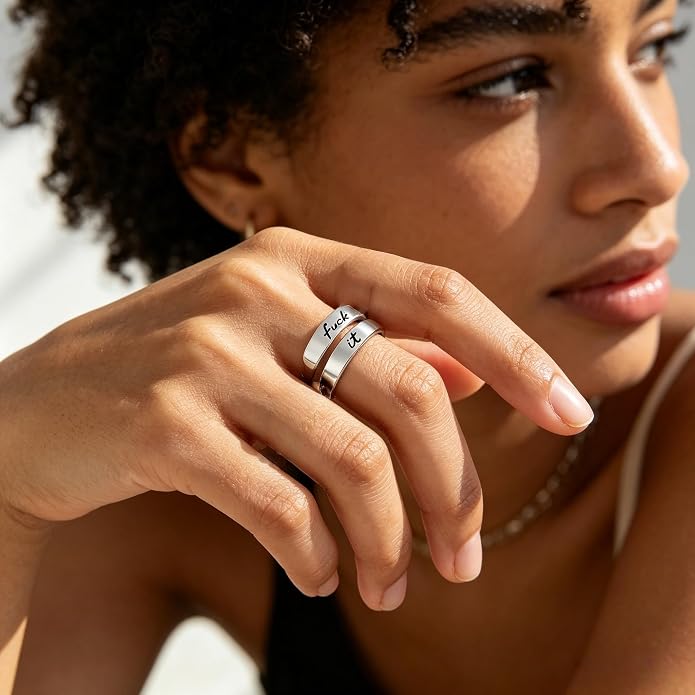 I Fcking Love You Ring, Stainless Steel Engraved Inspirational Words Heart Open Adults Women Vintage Promise Rings Lover Wife Jewelry