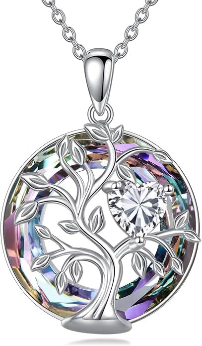 Tree Of Life Birthstone Necklace 925 Sterling Silver Crystal Family Tree Pendant Necklaces Heart Birthstone Jewelry For Women Female Anniversary Birthday Gifts