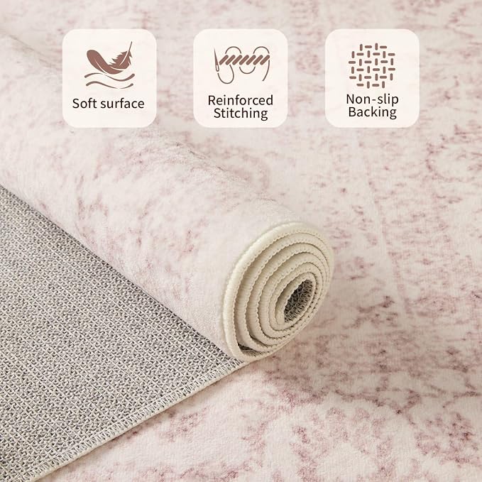 Rugxara 8x10 Pink Area Rug for Living Room & Bedroom, Large Washable Rugs for Nursery,Girls Room,Non Slip, Durable Low Pile Carpet, Vintage Carpets for Office, Dining Room, Kids Room and Farmhouse