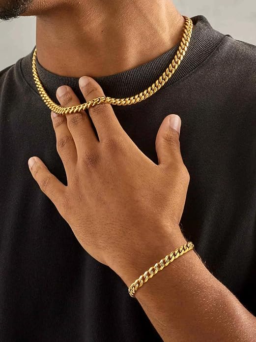 U7 Link Bracelets for Men, Cuban Link/Rope/Watch Band Solid Bracelet, Silver Black Gold Color Wrist Bracelet 3/6/9/12/15mm Width, 6.5/7.5/8.3 Inch Length, Hand Chain Jewelry for Mens Women