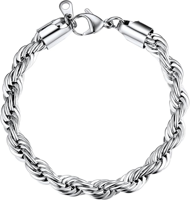 U7 Link Bracelets for Men, Cuban Link/Rope/Watch Band Solid Bracelet, Silver Black Gold Color Wrist Bracelet 3/6/9/12/15mm Width, 6.5/7.5/8.3 Inch Length, Hand Chain Jewelry for Mens Women