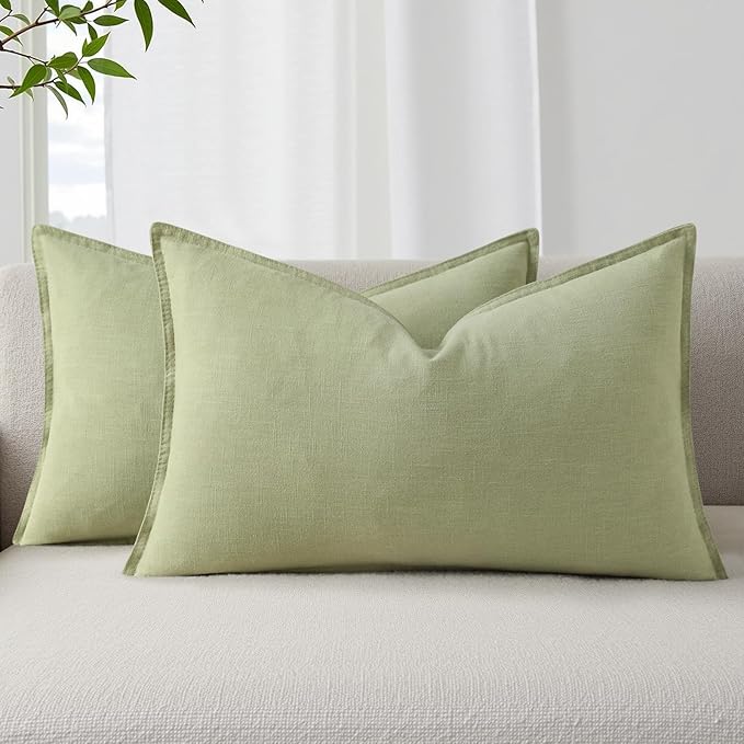decorUhome Fall Sage Green Linen Throw Pillow Covers 12x20 Set of 2 | Decorative Soft Cozy Modern Farmhouse Boho Accent Pillow Cases with Flange Edges for Couch Bed Sofa Living Room Home Decor