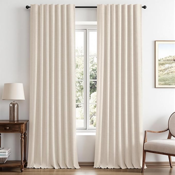 MIULEE 100% Blackout Linen Curtains 42 x 96 Inch Cream Beige 2 Panels | Thermal Insulated, Room Darkening Drapes for Bedroom Living Room, Back Tab Rod Pocket Pinch Pleated, Solid Luxury Decor