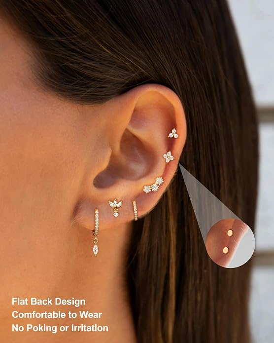 14K Gold Plated Dainty Stud Hoop Earrings for Women 6 Pairs Huggie Hypoallergenic Silver Gold Flat Back Cartilage Stud Earrings Set for Multiple Piercing Luxury Cubic Zirconia Drop Earrings Jewelry Trendy Gifts