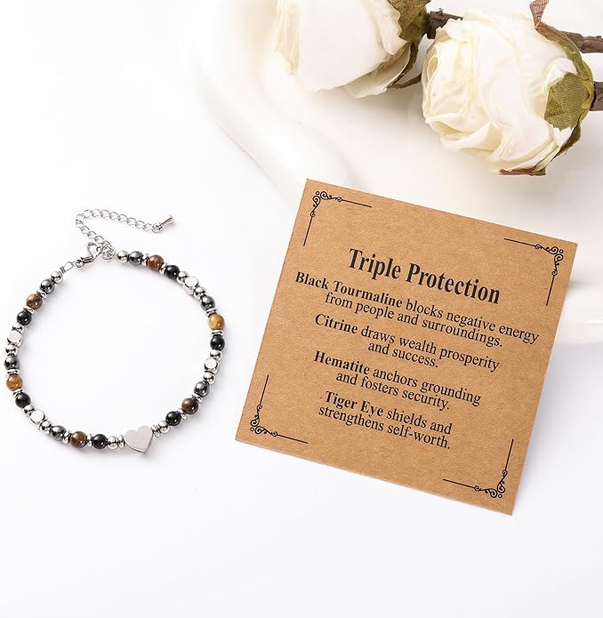 Jardme Natural Healing Crystals Bracelets for Women, Anxiety Relief Triple Protection Good Luck, Kalm Bracelet, Inspirational Spiritual Jewelry Gift for Friends Daughter Mom 6.5+2 Inches