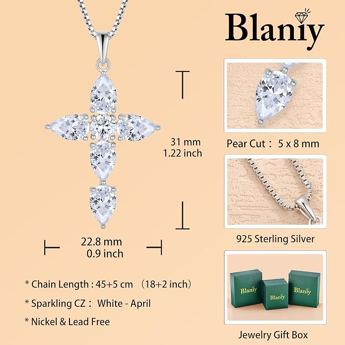 Cross Necklace for Women 925 Sterling Silver Teardrop Birthstone Pendant Religious Jewelry Gifts for Women