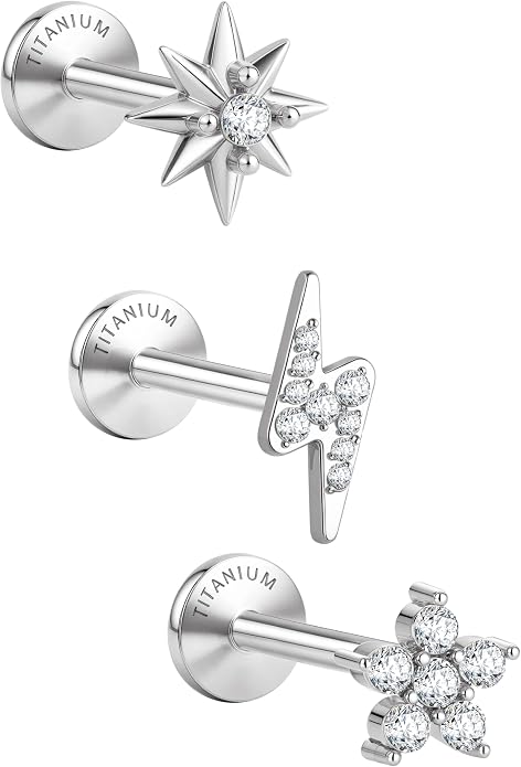 GEMQUEEN G23 Implant Grade Titanium 18G Internally Threaded Flat Back Earrings 5A CZ Studs: 14K Gold Hypoallergenic 3 Pcs Tragus Cartilage Conch Helix Piercing Jewelry for Sensitive Ears Women Men