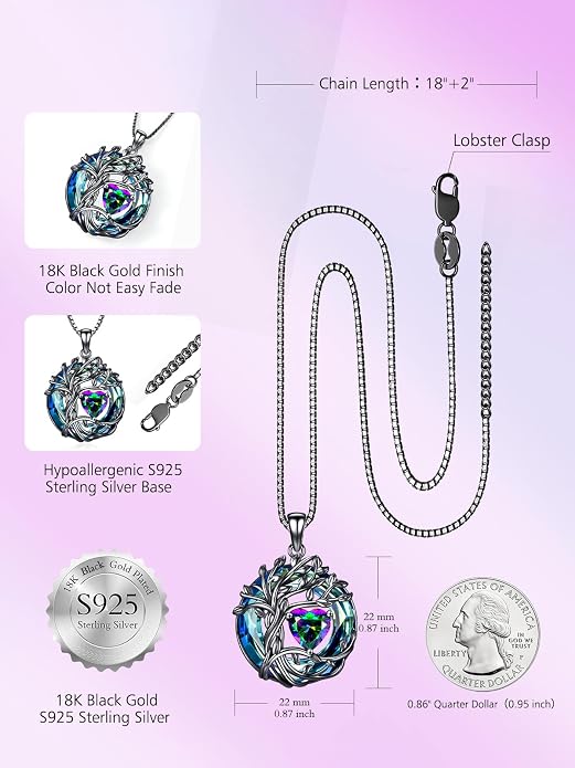 TOUPOP Tree of Life Birthstone Necklace Sterling Silver Pendant Birthstone Necklaces with Blue Crystal Anniversary Birthday Jewelry for Women Mom Wife Her