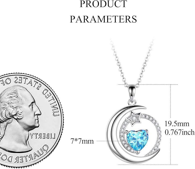 S925 Sterling Silver Birthstone Pendant Necklace Moon Star Necklace Jewelry Gift for Women Anniversary Valentine's day