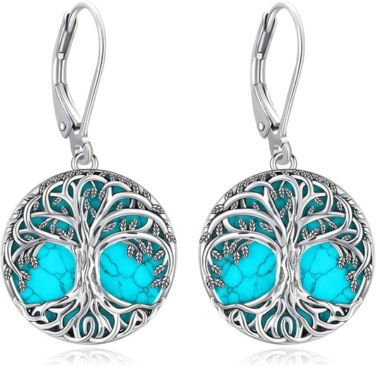 Tree of Life/Cat/Turtle/Butterfly/Flower/Celtic/Turquoise/Moonstone Dangle Earrings for Women Sterling Silver Cute Animals Drop Earrings Jewelry Gifts