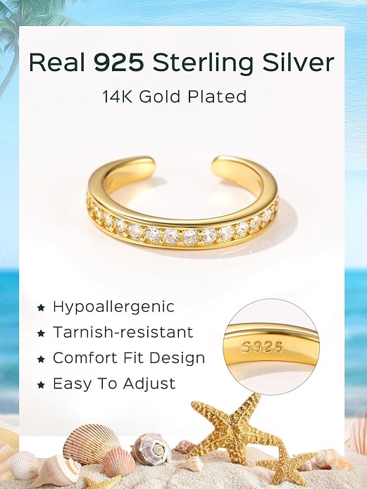 ChicSilver Sterling Silver Toe Rings for Women 14K Gold Plated Toe Rings for Women Open Adjustable Toe Ring for Women Toe Jewelry for Summer Beach