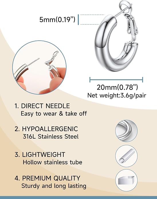Stainless Steel Chunky Hoop Earrings For Women, Minimalist and Chic, Black/Gold Plated, Round Hoops Earrings Hypoallergenic, Size: 30mm/40mm/60mm/80mm, Come with Box